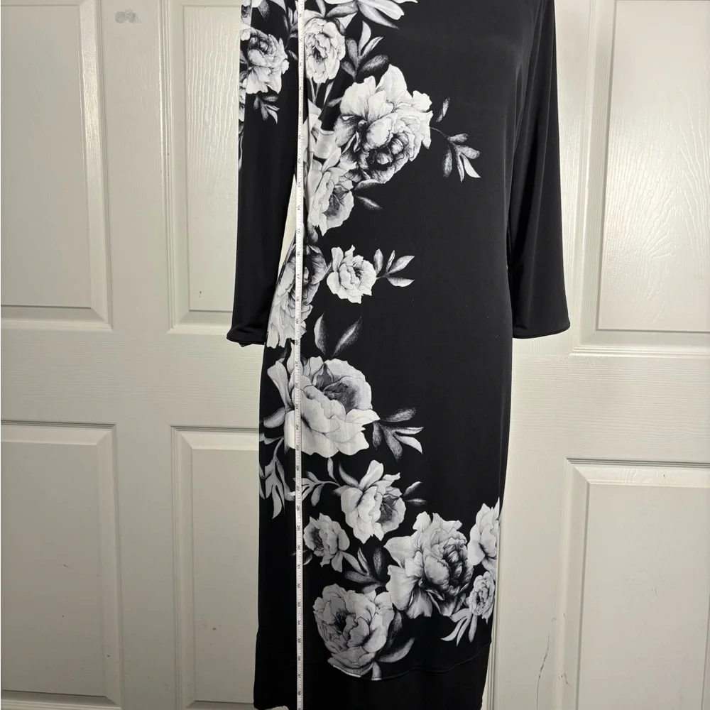 White House Black Market Asymmetrical Black Dress with White Floral Design - Picture 10 of 13